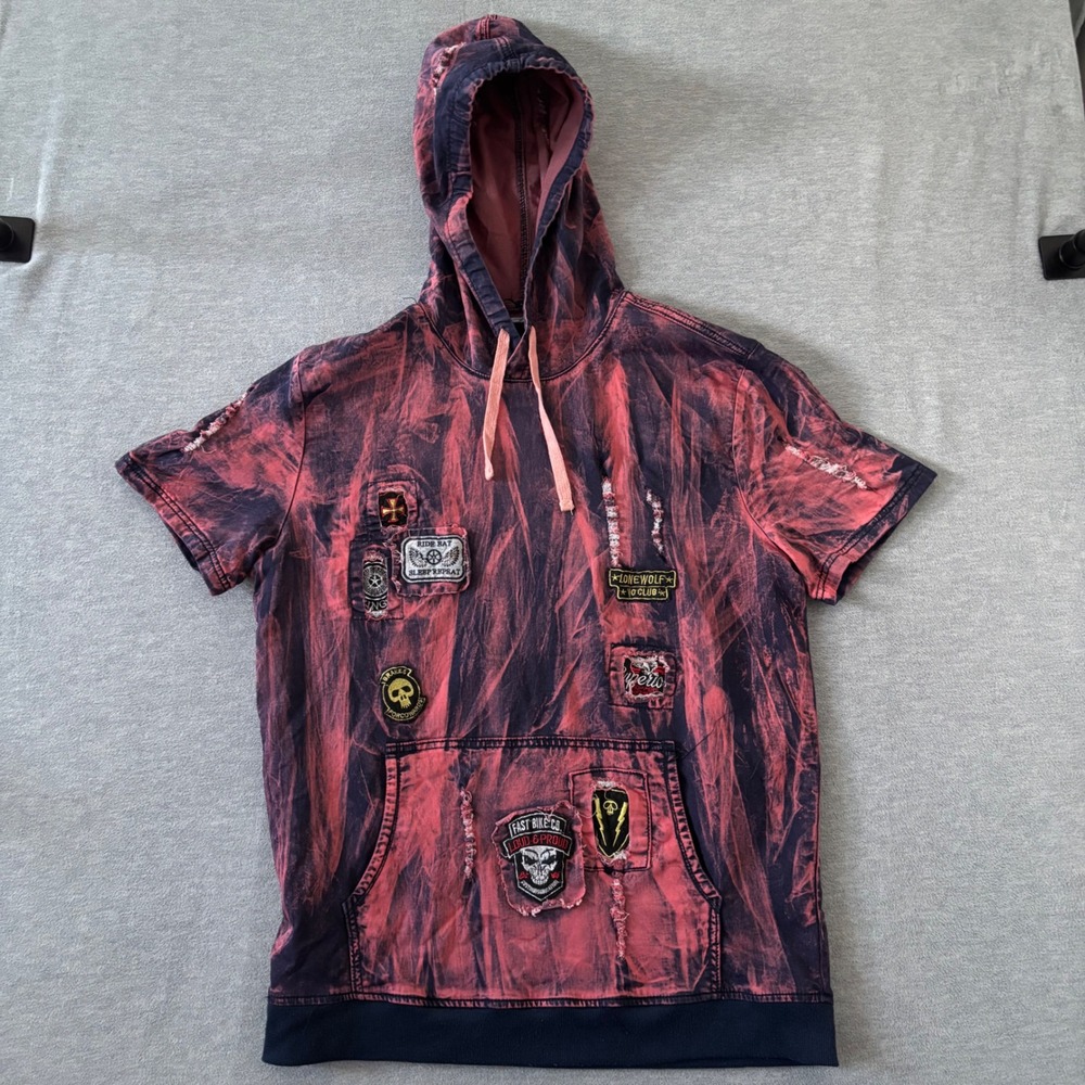 Imperious Mens XL Acid Wash Distressed Short Sleeve Patch Hoodie Red Navy Biker